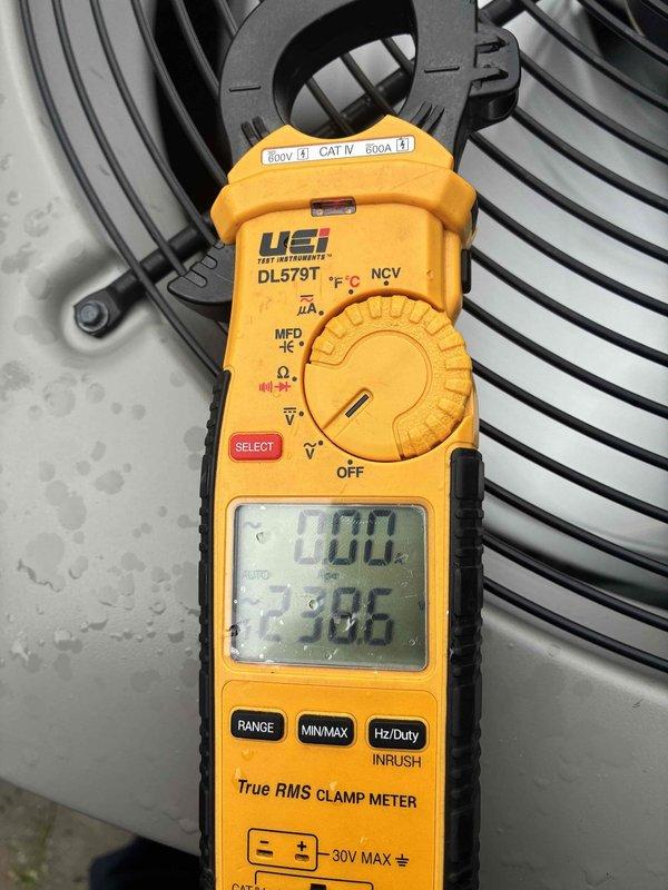 Completed routine preventive maintenance cooling visit on three-year-old residential air conditioning system. Performed comprehensive inspection of outdoor condenser unit, verified electrical readings with clamp meter showing 238.6 volts and proper amperage draw of system components, and confirmed unit operational performance within manufacturer specifications.