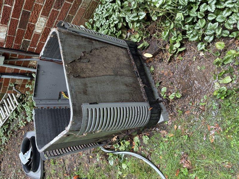 Completed routine maintenance visit on 6-year-old air conditioning system. Performed comprehensive inspection of outdoor condenser unit, verified blower wheel assembly operation, and assessed ductwork condition for potential cleaning needs. Unit found in operational condition with minor debris accumulation on top screen, which was noted for future service consideration.