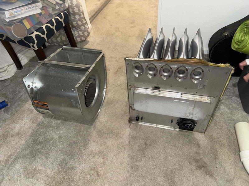Performed complete heat exchanger replacement due to failed component. Replaced defective limit switch on furnace system to restore proper safety operation. Thoroughly cleaned blower assembly and evaporator coil to remove accumulated debris and improve system efficiency and airflow.