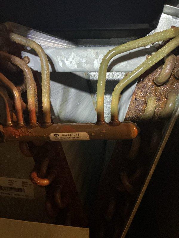 Completed comprehensive tune-up on 14-year-old air conditioning system. Inspected evaporator coil assembly and copper refrigerant lines, noting normal condensation present on suction line indicating proper system operation. Observed moderate dust accumulation on blower wheel fins; cleaned and verified proper airflow. All components operating within normal parameters for unit age.