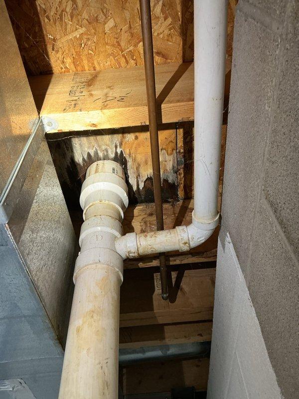 Responded to service call for toilet leaking from bottom seal. Upon arrival, inspected toilet and surrounding plumbing infrastructure including main line access points. Evaluated water treatment system and drainage piping for potential main line obstruction that could contribute to leaking issue. Documented existing plumbing conditions including PVC drain lines showing age-related discoloration and water treatment equipment installation for comprehensive assessment of overall system performance.