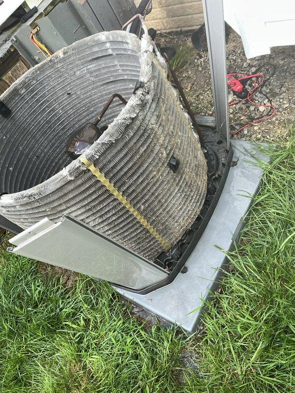 Completed preventive maintenance on a 5-year-old residential air conditioning system as part of MVP recurring service program. Performed condenser cabinet cleaning and water wash of outdoor coil to remove significant accumulation of dirt, debris, and grime that was restricting airflow through the condenser fins. Inspected indoor air filter unit, which showed moderate dust accumulation but remained serviceable.