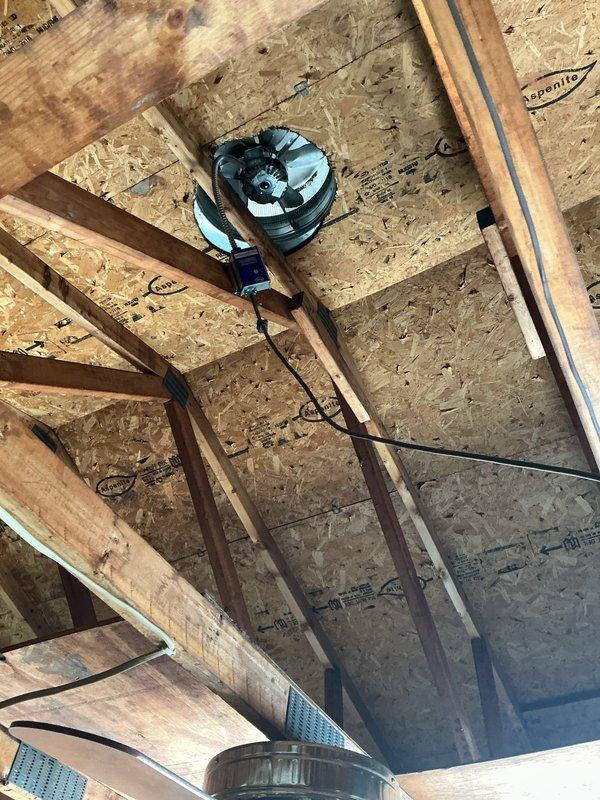 Responded to service call for malfunctioning garage ceiling exhaust fan. Upon inspection, assessed both the fan unit and associated electrical wiring in the attic space. Determined that complete fan replacement was the most effective solution. Installed new exhaust fan assembly with proper electrical connections, securing wiring along ceiling joists per code requirements. Verified proper operation and airflow upon completion.