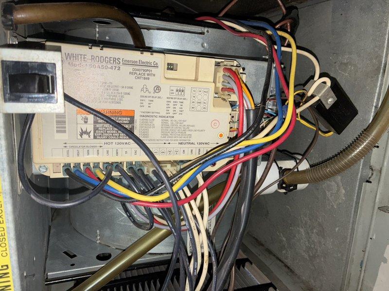 Responded to no cooling complaint on 6-year-old Lennox central air conditioning system. Upon inspection, discovered severely clogged air filter with heavy accumulation of dust, dirt, lint, and debris restricting airflow to the system. Removed and replaced dirty filter with new filter. Inspected White-Rodgers control board and verified all wiring connections were secure and properly terminated. System tested after filter replacement and confirmed unit now cooling properly with adequate airflow restored.