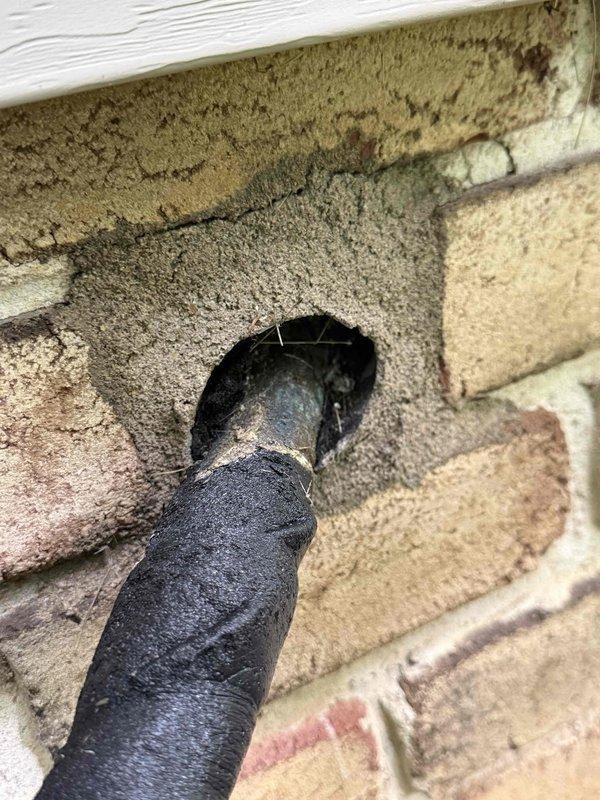 Completed preventive maintenance on a 3-year-old air conditioning system. Inspected blower wheel assembly and found it clean with proper blade alignment and spacing. Verified exterior refrigerant line penetration through building envelope showed no signs of damage or air infiltration issues.