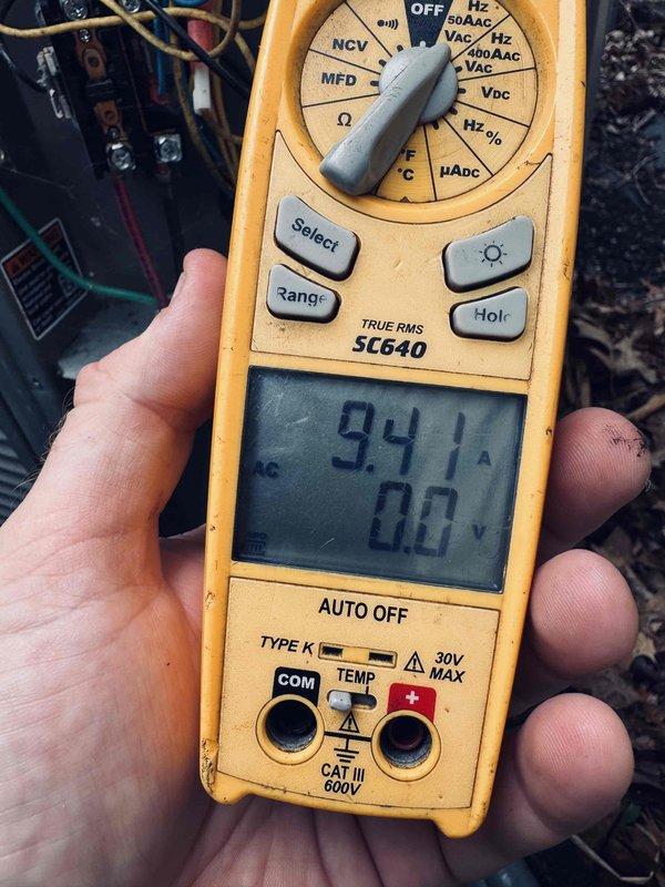 Completed preventive maintenance inspection on cooling system. Performed electrical diagnostics using digital multimeter, verified amperage draw at 941A and voltage readings on system components. Inspected control board assembly, confirmed proper LED indicator function, and verified all wire connections and capacitors secure with no signs of degradation.