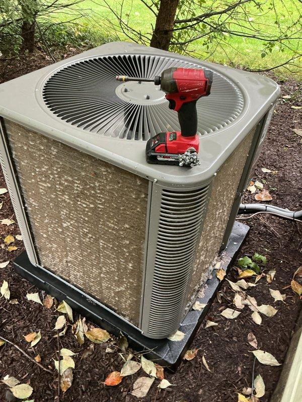 Completed BS-MVP cooling maintenance visit on a one-year-old residential air conditioning system. Performed comprehensive system inspection of outdoor condenser unit, including visual assessment of cabinet condition, fan operation, and overall equipment functionality. Unit showed normal weathering for outdoor installation with surface dirt accumulation on exterior panels. Verified proper condenser operation, checked refrigerant lines, and ensured all electrical connections were secure. System operating within normal parameters with no immediate service concerns identified.