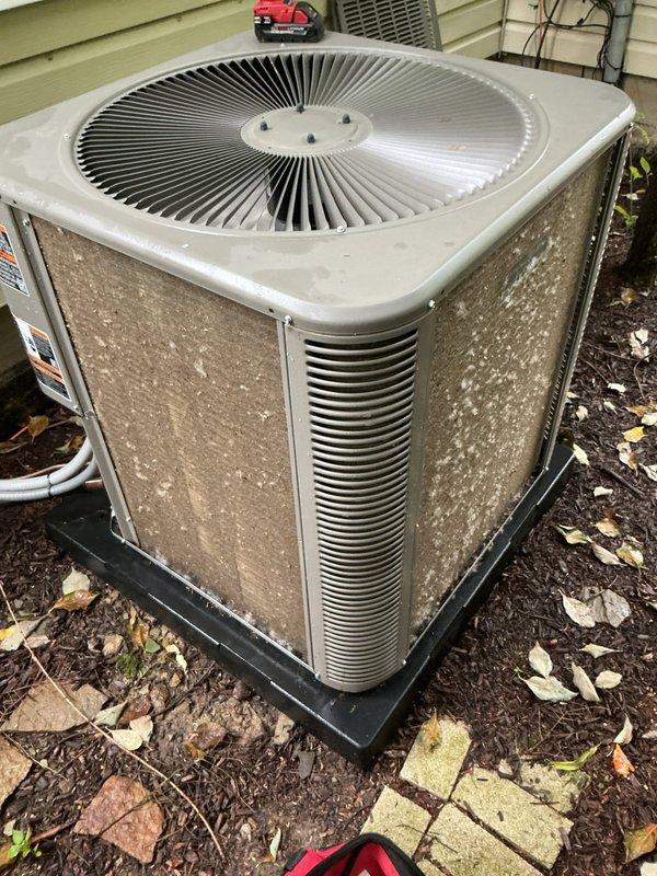 Completed BS-MVP cooling maintenance visit on a one-year-old residential air conditioning system. Performed comprehensive system inspection of outdoor condenser unit, including visual assessment of cabinet condition, fan operation, and overall equipment functionality. Unit showed normal weathering for outdoor installation with surface dirt accumulation on exterior panels. Verified proper condenser operation, checked refrigerant lines, and ensured all electrical connections were secure. System operating within normal parameters with no immediate service concerns identified.