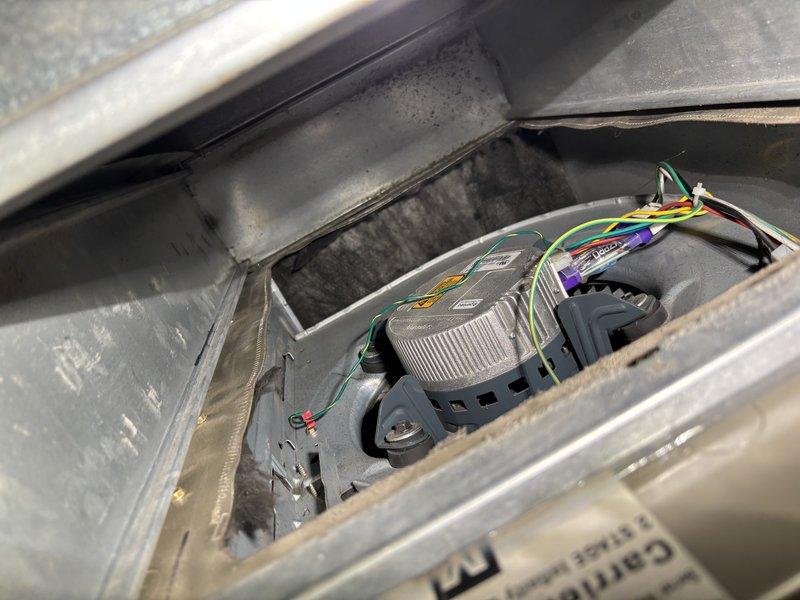 Installed surge protection device and replaced ECM blower motor in furnace system. Connected all necessary wiring harnesses to control board and motor, ensuring proper electrical protection and motor operation. System tested and confirmed operational upon completion.