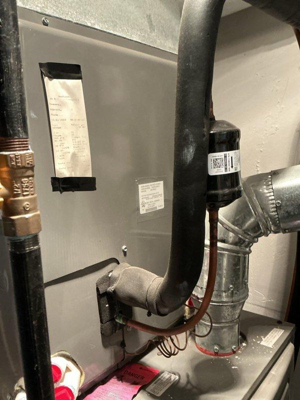 Completed scheduled MVP cooling maintenance visit at 8am as confirmed by customer. Performed comprehensive system inspection of HVAC equipment including furnace unit, refrigerant lines, electrical panel, condensate management components, and ductwork connections. Verified proper operation of all mechanical components, checked refrigerant line insulation and securing straps, inspected brass fittings and plumbing connections, and documented system condition with photographs for service records.