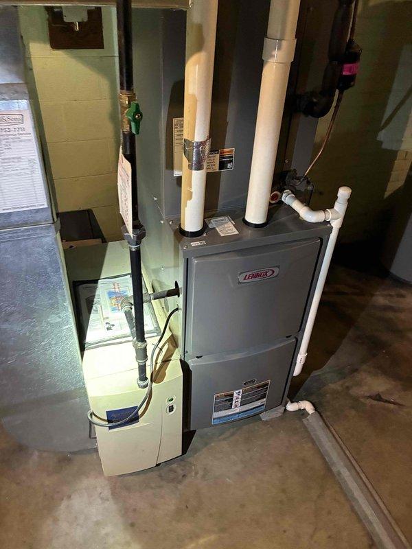 Completed scheduled BS-MVP cooling maintenance visit on a 5-year-old Lennox system. Performed comprehensive inspection of indoor furnace unit in basement mechanical room and outdoor condenser unit, verified all components operating within normal parameters, checked refrigerant levels, inspected electrical connections, and confirmed proper airflow through both units. System found to be in good working condition with no issues requiring immediate attention.