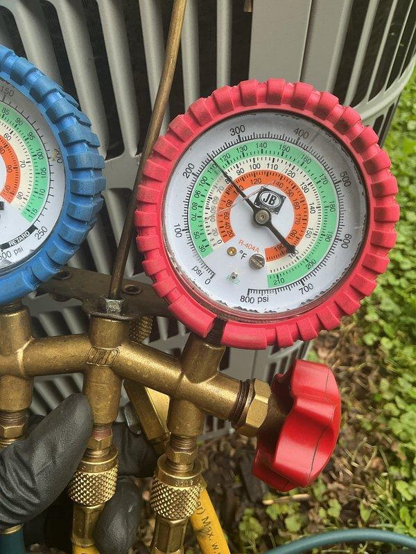 Completed scheduled MVP cooling maintenance on 9-year-old air conditioning system. Performed comprehensive system diagnostics using manifold gauges to verify refrigerant pressures and charging levels. Measured electrical parameters with digital multimeter to confirm proper compressor amperage and system voltage. All readings found within manufacturer specifications. System operating efficiently with no deficiencies noted.