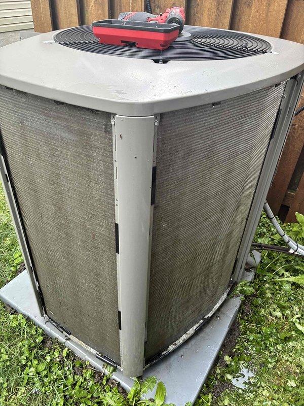 Completed MVP cooling maintenance visit on residential Lennox condenser unit. Performed standard preventive maintenance inspection of outdoor equipment, verified proper operation of fan assembly and ventilation louvers, and documented unit condition with photographic records. System found in good working order with clean exterior surfaces and proper installation on concrete pad foundation.