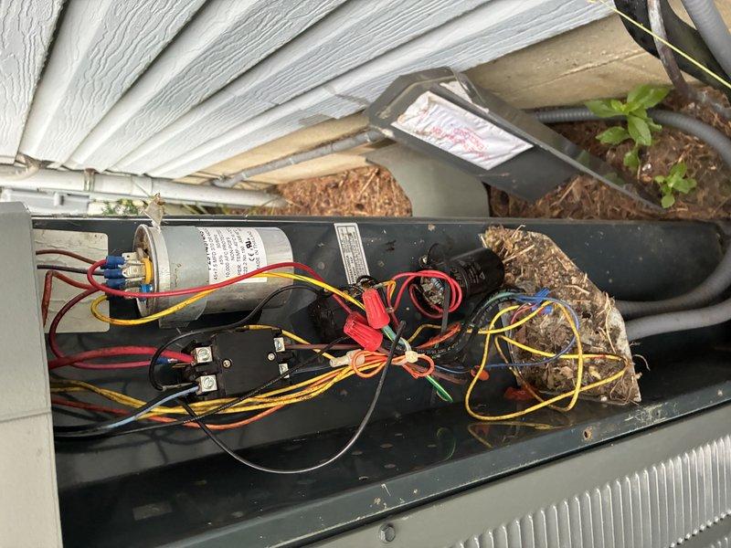 Completed MVP cooling maintenance visit on 14-year-old HVAC system. Performed comprehensive inspection of both indoor furnace unit and outdoor condensing unit. Indoor unit inspection revealed operational blower motor, heat exchanger assembly, and control board with proper wire connections and functional transformer components. Outdoor unit contained significant debris accumulation including leaves, twigs, mulch, and vegetation growth within the electrical compartment. Inspected capacitor, refrigerant lines, and electrical connections throughout both units. All components photographed and documented for maintenance records.