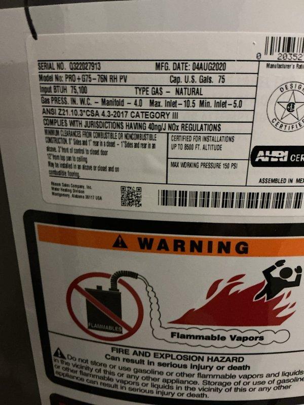 Performed routine maintenance flush and fill service on a 6-year-old Rheem Professional 75-gallon natural gas water heater (Model PRO-075-75N RH PV, manufactured August 2020). Drained sediment buildup from tank, flushed system thoroughly, refilled unit, and verified proper operation of the recirculation pump and all plumbing connections.