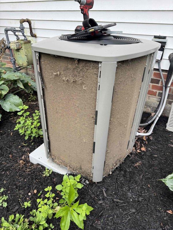 Completed routine cooling maintenance visit on a 3-year-old residential HVAC system. Upon inspection, found condenser coils heavily contaminated with dirt, dust, and debris buildup that was significantly restricting airflow and reducing heat transfer efficiency. Performed thorough cleaning of condenser coils to remove accumulated contamination and restore proper heat exchange function. Inspected refrigerant line insulation and noted deterioration of yellow-green foam covering on copper lines, which may require future attention to prevent efficiency loss and condensation issues. Verified unit operation following service and confirmed proper system performance.