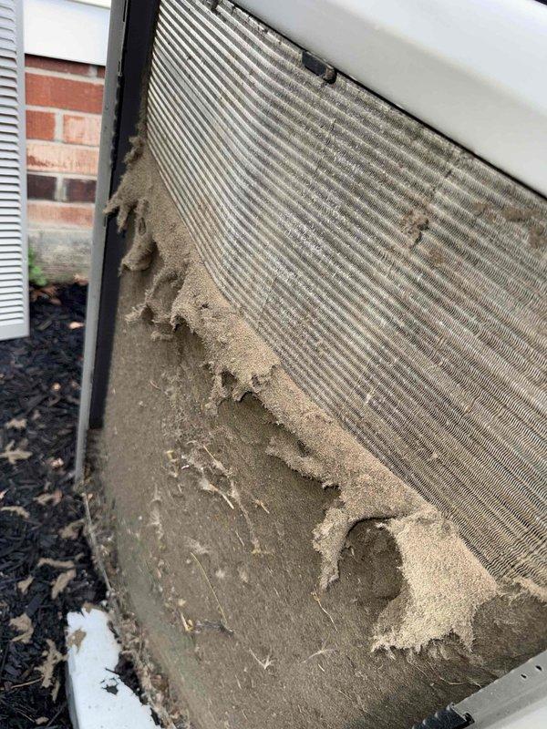 Completed routine cooling maintenance visit on a 3-year-old residential HVAC system. Upon inspection, found condenser coils heavily contaminated with dirt, dust, and debris buildup that was significantly restricting airflow and reducing heat transfer efficiency. Performed thorough cleaning of condenser coils to remove accumulated contamination and restore proper heat exchange function. Inspected refrigerant line insulation and noted deterioration of yellow-green foam covering on copper lines, which may require future attention to prevent efficiency loss and condensation issues. Verified unit operation following service and confirmed proper system performance.