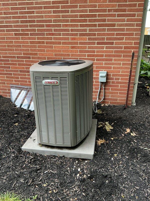 Completed BS-MVP preventive maintenance cooling visit on 4-year-old Lennox air conditioning system. Performed comprehensive inspection of outdoor condenser unit and indoor evaporator coil, verified proper refrigerant levels and system operation, cleaned condenser coils, checked electrical connections and amp draw, and confirmed adequate airflow throughout the system. Unit operating within normal parameters with no deficiencies noted.