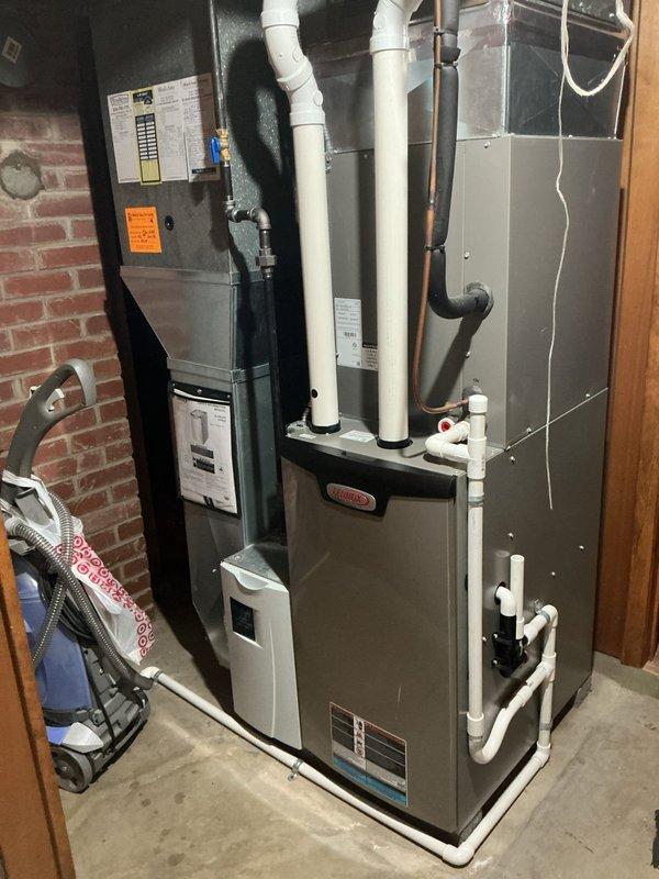 Completed BS-MVP preventive maintenance cooling visit on 4-year-old Lennox air conditioning system. Performed comprehensive inspection of outdoor condenser unit and indoor evaporator coil, verified proper refrigerant levels and system operation, cleaned condenser coils, checked electrical connections and amp draw, and confirmed adequate airflow throughout the system. Unit operating within normal parameters with no deficiencies noted.