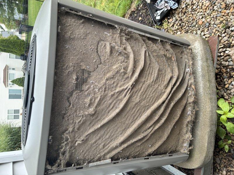 Completed comprehensive tune-up on aging air conditioning system with significant dust and debris accumulation on condenser coils and interior components. Cleaned condenser unit, addressed deteriorated cabinet insulation showing wear and compression damage, and performed standard maintenance procedures to restore system efficiency.