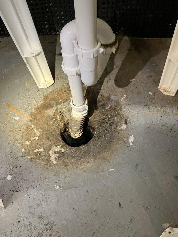 Responded to callback for main drain backup that remained unresolved from previous service visit. Upon arrival, inspected PVC P-trap assembly and floor drain system in basement utility area. Documented existing conditions showing drainage infrastructure with visible staining on concrete floor surrounding drain opening and corrosion present at pipe penetrations. Main drain line continues to experience backup issues requiring further investigation and corrective action to restore proper drainage function.