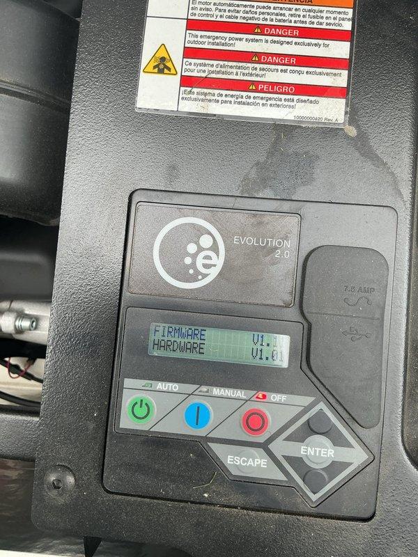 Responded to service call for Generac Evolution 2.0 generator that would not shut off over the weekend and had to be manually unplugged by homeowner. Upon arrival, inspected generator control panel displaying firmware/hardware version V1.6 and verified all control buttons (AUTO, MANUAL, OFF) for proper operation. Examined automatic transfer switch assembly, including Generac control module with status indicators, circuit breakers, contactors, and associated wiring connections. Tested system functionality, verified proper shutdown sequence, and confirmed generator now responds correctly to OFF command and operates normally through all control modes.