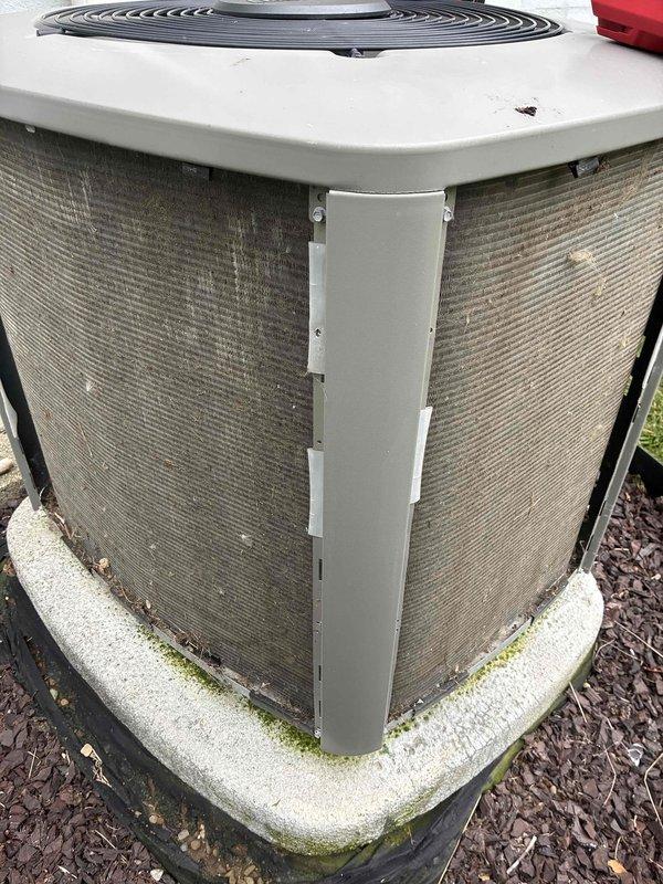 Completed preventive maintenance service on two outdoor air conditioning condenser units. Performed standard inspection procedures including visual assessment of unit conditions, checked fan operation, and examined exterior components for proper function. Both units showed normal weathering consistent with outdoor installation, with accumulation of environmental debris on mesh panels and minor algae growth on concrete pads, which is typical for equipment of this age and does not affect performance.