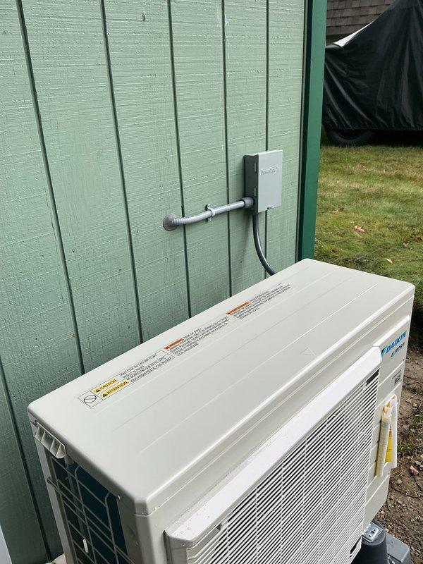 Installed dedicated electrical circuit for new Daikin mini-split heat pump system. Ran conduit from main electrical panel to exterior disconnect box, mounted disconnect adjacent to outdoor condenser unit, and completed all necessary wiring connections to power the HVAC equipment per manufacturer specifications and local electrical code requirements.