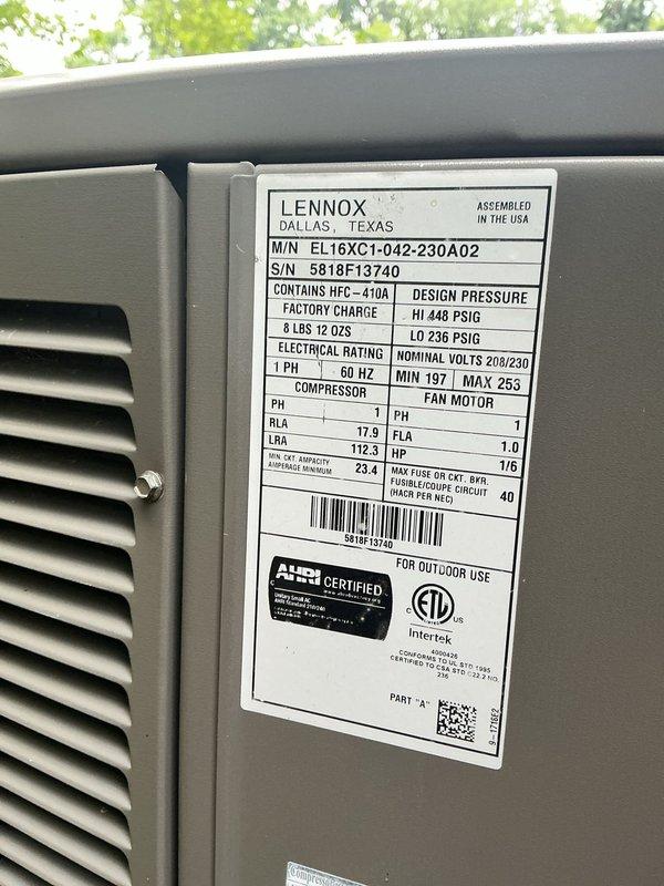 Completed MVP cooling maintenance on Lennox EL16XC1-042-230A02 outdoor unit containing 8 lbs 12 oz of R-410A refrigerant. Performed comprehensive system inspection including ductwork evaluation and diagnostic measurements throughout the system. All components operating within manufacturer specifications, unit confirmed in good working condition.
