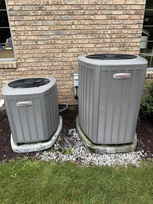 Completed MVP cooling maintenance visit on two Lennox air conditioning systems. Performed comprehensive inspection of both units including electrical components, capacitors, and circuit breakers. Opened and inspected control panel, verified wiring connections, and assessed overall system functionality. Both systems operational upon completion of preventative maintenance service.
