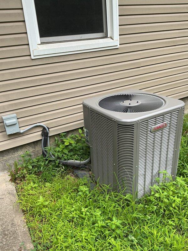 Completed routine maintenance inspection on Lennox residential cooling system for MVP customer. Unit is approximately 2-3 years old and consists of outdoor condenser with indoor furnace and ductwork assembly. Performed visual inspection of both indoor and outdoor components, verified proper refrigerant line connections, checked condensate drain routing, and confirmed all electrical connections are secure. System operating within normal parameters with no immediate service needs identified.