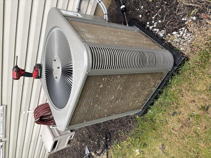 Completed MVP cooling maintenance visit on residential HVAC system, which included inspection of indoor air handler unit in basement and outdoor heat pump condenser unit. Performed standard preventive maintenance procedures on both components, checked refrigerant lines and electrical connections, and documented system condition with photographs. System operational and ready for cooling season.