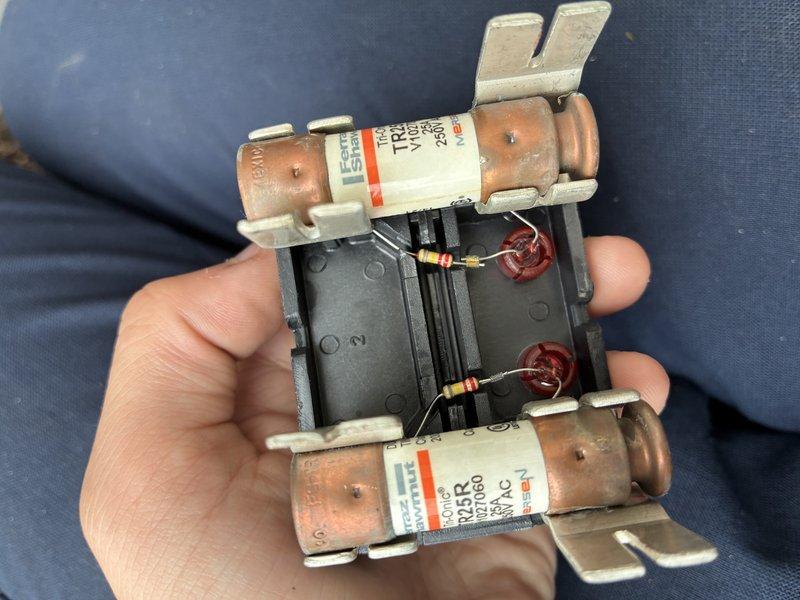 Completed MVP cooling maintenance visit on 4-year-old system. Inspected blower assembly and found dust accumulation on squirrel cage blower wheel blades, which is consistent with normal operational use. Examined dual fuse holder assembly with 250V rated fuses and verified electrical protection components were functioning properly.