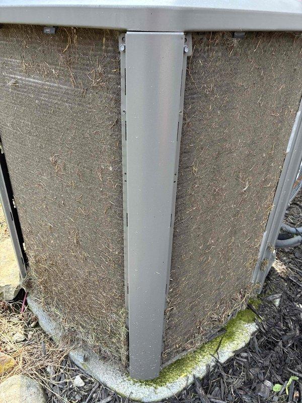 Completed MVP cooling maintenance visit on residential HVAC system. Performed temperature diagnostics using calibrated digital thermometer, recording supply air temperature of 53.2°F at the unit. Inspected exterior condenser unit panels and filter media, noting accumulation of dust, debris, and organic matter on filtration surfaces and evidence of algae growth on concrete pad, consistent with normal outdoor exposure and operational wear.