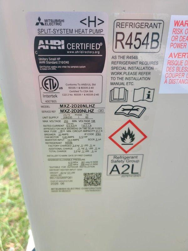 Completed installation of a Mitsubishi Electric 2-head mini split system, model MXZ-2D20NLHZ. Mounted outdoor condenser unit on exterior wall with proper leveling and secured to manufacturer specifications. Installed refrigerant line set with insulation, routed and secured lines vertically along building exterior using appropriate mounting brackets. Connected electrical supply via conduit with 20-amp breaker protection per unit requirements. Installed PVC condensate drain line with proper pitch for drainage. System charged with R410A refrigerant to manufacturer specifications. Verified all electrical connections, tested system operation in both heating and cooling modes, and confirmed proper airflow from both indoor heads. Installation meets all code requirements and manufacturer guidelines.