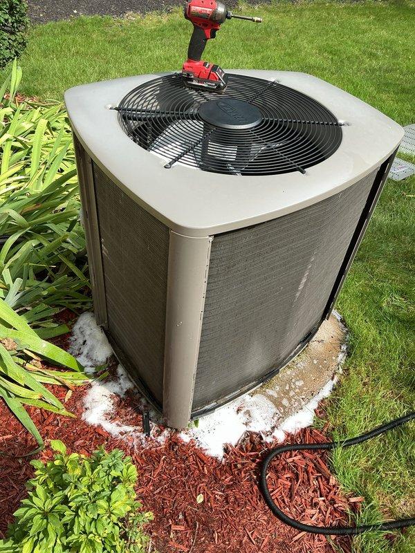 Completed routine BS-MVP cooling maintenance visit on residential air conditioning system. Performed comprehensive inspection of outdoor condenser unit, including examination of condenser coils which showed minor dirt accumulation on fins, checked fan operation and electrical connections, and verified unit stability on concrete pad. All components found operating within normal parameters and system confirmed to be cooling effectively.