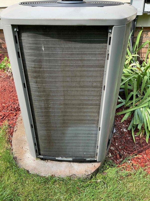 Completed routine BS-MVP cooling maintenance visit on residential air conditioning system. Performed comprehensive inspection of outdoor condenser unit, including examination of condenser coils which showed minor dirt accumulation on fins, checked fan operation and electrical connections, and verified unit stability on concrete pad. All components found operating within normal parameters and system confirmed to be cooling effectively.