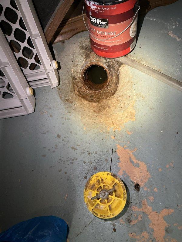 Responded to main drain backup with floor drain in basement experiencing sewage backup. Located and accessed basement floor drain with significant brown staining and buildup around perimeter indicating chronic drainage issues. Removed drain cover and performed main line cleanout through accessible cleanout point. Exterior cleanout pipe showed mineral deposits and discolored water present in line, confirming blockage in main sewer line. Successfully cleared obstruction and restored proper drainage flow through main line. Verified clearance by observing water flow at both interior floor drain and exterior cleanout access point.