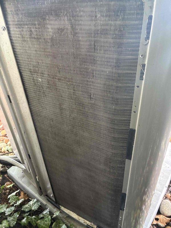 Completed MVP cooling maintenance visit on 3-year-old system. Performed comprehensive inspection of outdoor condenser unit, which showed significant dirt and debris accumulation on coil fins restricting airflow. Cleaned condenser coils to restore proper heat transfer efficiency and system performance. Unit now operating within normal parameters with improved airflow through heat exchanger surfaces.
