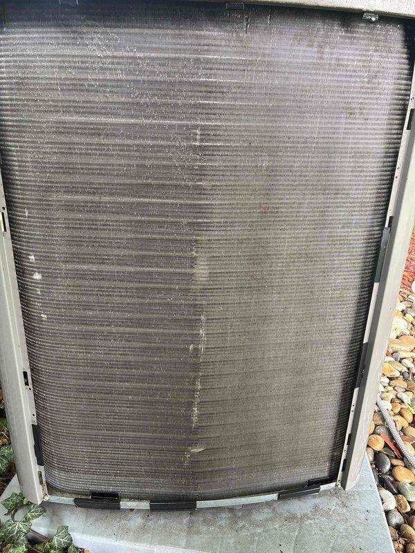 Completed MVP cooling maintenance visit on 3-year-old system. Performed comprehensive inspection of outdoor condenser unit, which showed significant dirt and debris accumulation on coil fins restricting airflow. Cleaned condenser coils to restore proper heat transfer efficiency and system performance. Unit now operating within normal parameters with improved airflow through heat exchanger surfaces.