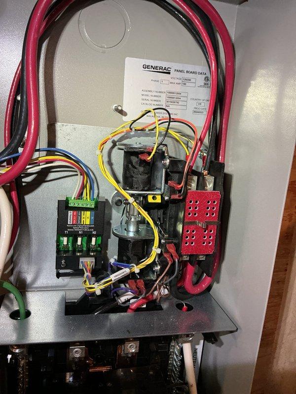 Responded to service call for Generac generator that failed to automatically start during power outage. Upon arrival, performed diagnostic testing of the battery system using electronic battery tester, which confirmed battery voltage at 12.8V with 100% state of charge and acceptable internal resistance of 12mΩ. Inspected generator control panel and transfer switch assembly, identifying indicator light showing half green/half orange status. Reset tripped circuit breaker as instructed by customer prior to arrival, which restored generator functionality. Verified all electrical connections, contactors, and circuit protection devices within the panel board were secure and operating correctly. Generator tested successfully and returned to automatic standby operation.