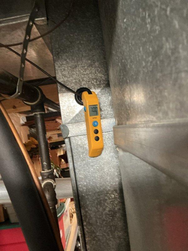 Completed preventative maintenance visit for air conditioning system. Inspected and documented air filter condition, performed temperature differential measurements on ductwork using calibrated digital thermometer to verify proper system operation and cooling efficiency. All components found operating within normal parameters.