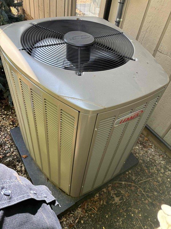 Completed MVP cooling maintenance on Lennox air conditioning condenser unit. Performed comprehensive system inspection, checked refrigerant levels, cleaned condenser coils and fins, verified proper airflow through louvered panels, and confirmed operational status of condenser fan. Unit tested and running efficiently with no issues identified.