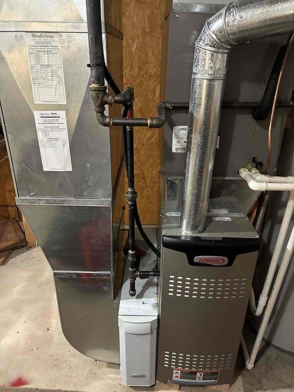 Completed MVP heating maintenance visit on 5-year-old Lennox furnace system. Performed comprehensive combustion analysis using digital analyzer, confirming unit operating at 77.3% efficiency with oxygen levels at 13.1% and zero CO detection. Inspected all HVAC components, ductwork connections, condensate drainage system, and verified proper operation of heating equipment.