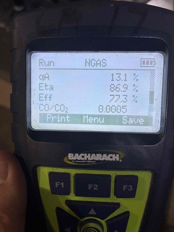 Completed MVP heating maintenance visit on 5-year-old Lennox furnace system. Performed comprehensive combustion analysis using digital analyzer, confirming unit operating at 77.3% efficiency with oxygen levels at 13.1% and zero CO detection. Inspected all HVAC components, ductwork connections, condensate drainage system, and verified proper operation of heating equipment.