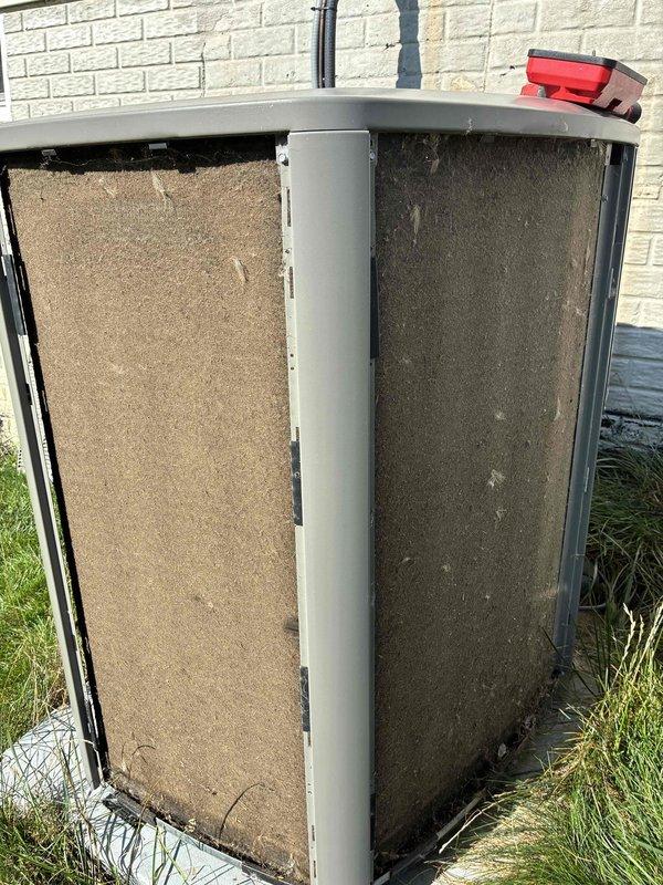 Completed MVP cooling maintenance visit on 3-year-old Lennox outdoor condensing unit. Performed standard preventative maintenance protocol including filter inspection and cleaning, with before and after documentation showing significant dust and dirt accumulation on intake filters. Unit is properly installed on concrete pad with appropriate clearances, electrical conduit secured, and refrigerant lines in good condition. System operational with no deficiencies noted.