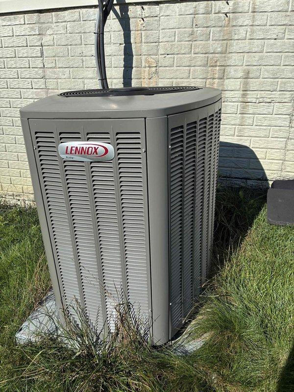 Completed MVP cooling maintenance visit on 3-year-old Lennox outdoor condensing unit. Performed standard preventative maintenance protocol including filter inspection and cleaning, with before and after documentation showing significant dust and dirt accumulation on intake filters. Unit is properly installed on concrete pad with appropriate clearances, electrical conduit secured, and refrigerant lines in good condition. System operational with no deficiencies noted.