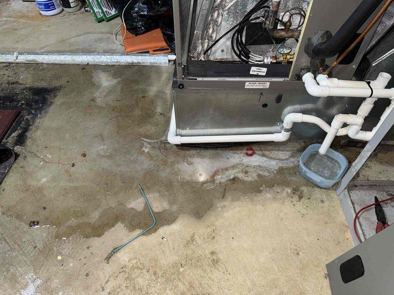 Responded to service call regarding clogged discharge line on 3-year-old outdoor heat pump unit. Upon arrival, performed comprehensive system inspection including removal of access panel to examine electrical components, capacitor (440V 45/9.5 MFD), control board connections, and wiring integrity. Cleared condensate drain line obstruction and verified proper drainage through PVC condensate piping system. Inspected indoor air handler unit and condensate trap assembly, noting moisture accumulation on utility room floor. Completed standard maintenance procedures including checking all electrical connections, verifying proper voltage supply, and ensuring system operational parameters were within manufacturer specifications. Unit tested and returned to normal operation with proper condensate drainage flow restored.