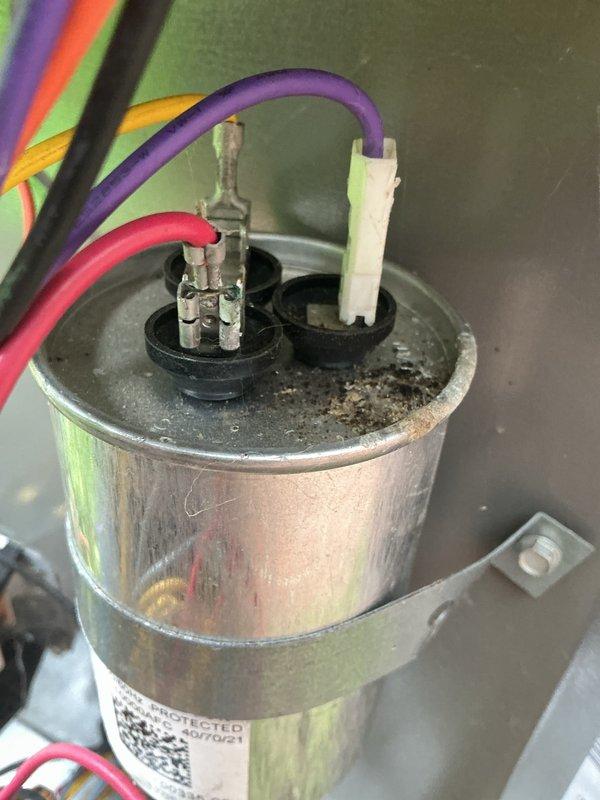 Completed MVP cooling maintenance visit on 9-year-old system. Inspected and photographed dual-run capacitor showing normal aging with secure wire connections across all terminals. Verified Air Scrubber plus air purification system operational with blue UV indicator light functioning properly within air handler compartment.