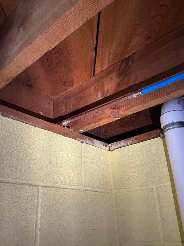 Diagnosed and repaired non-functional exterior hose bib mounted on brick wall. Accessed interior plumbing connections in basement crawl space area, where supply lines run through floor joists above insulated foundation walls. Restored proper water flow to outdoor spigot, resolving issue with failed valve mechanism.